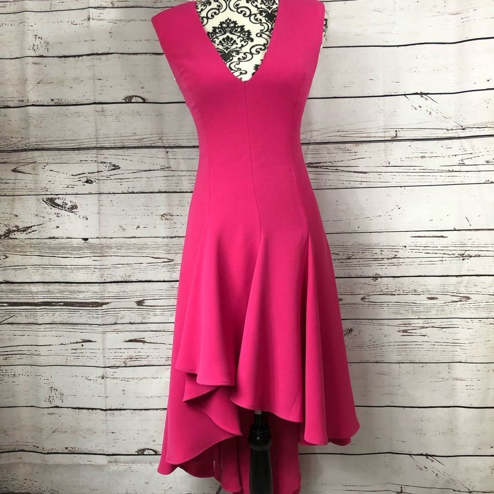 Halston Heritage Sleeveless V-Neck High Low Crepe Cocktail Evening Dress Gown 0
